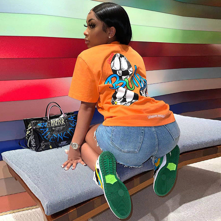Printed Letter Loose Short Sleeve T-Shirt Top