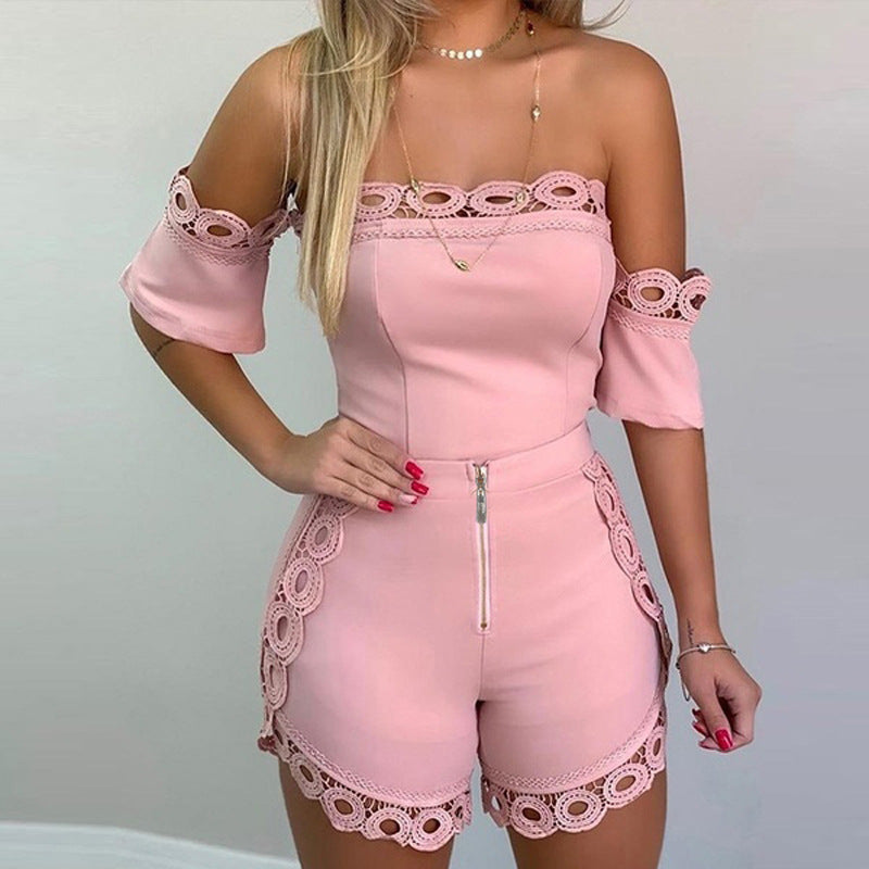 Off-the-Shoulder Lace Two-Piece Shorts Set