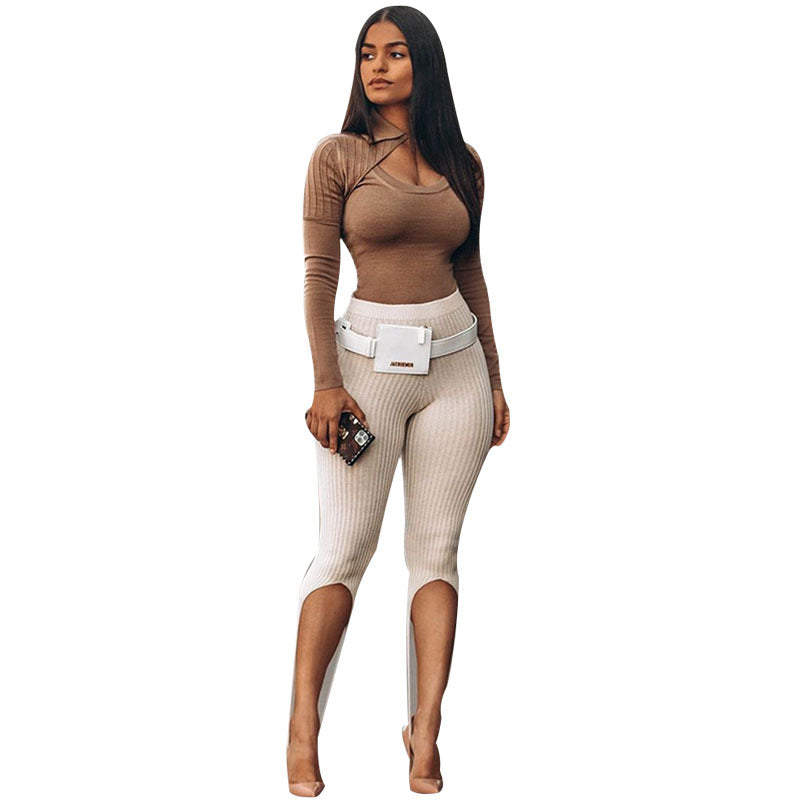 Striped Slimming Knitted Five-Point Pants