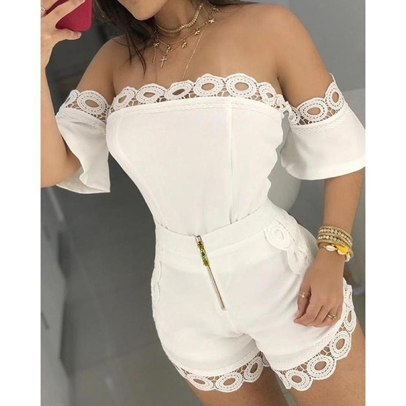 Off-the-Shoulder Lace Two-Piece Shorts Set