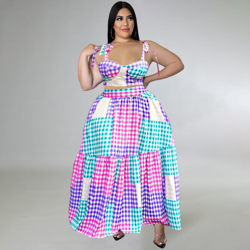 Spring Irregular Plaid Suspender Skirt Suit