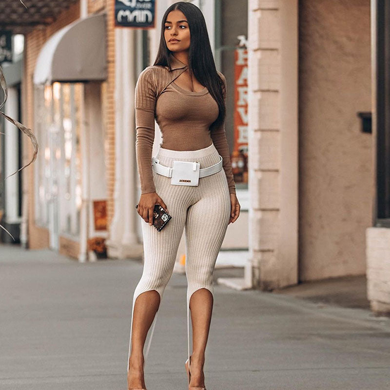 Striped Slimming Knitted Five-Point Pants