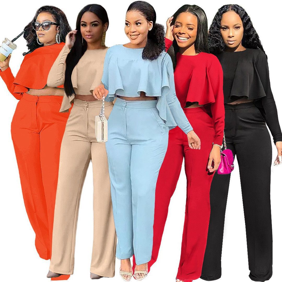 Solid Color Cutout Long Sleeve High Waist Wide Leg Two Piece Suit