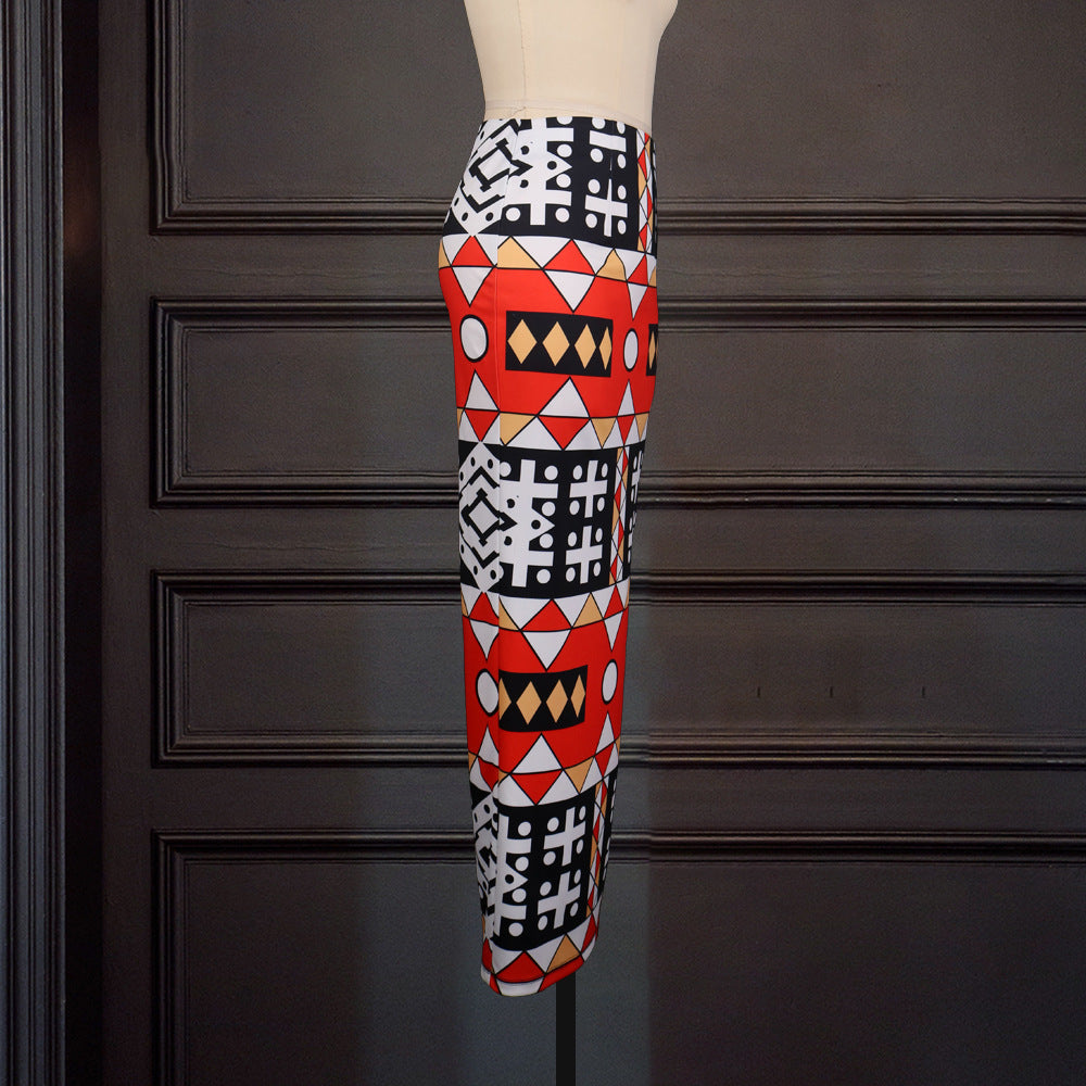 High Waist Slim Geometric Print Split Casual Skirt