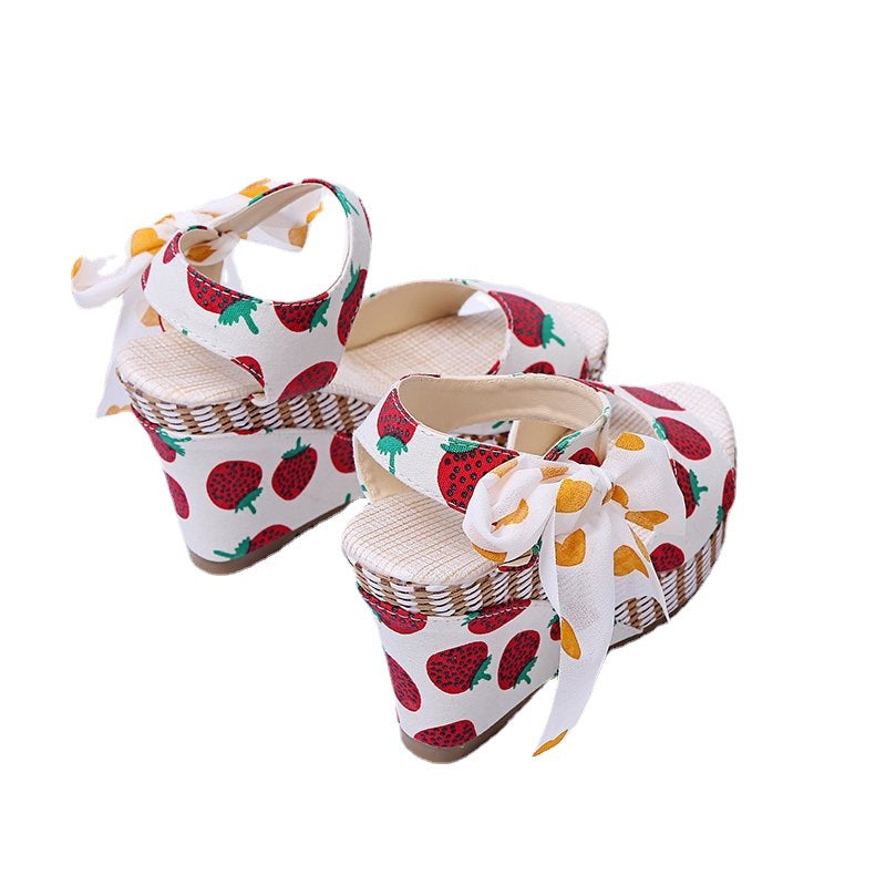 Fruit Pattern Multi Color Open Toe Bow Wedge