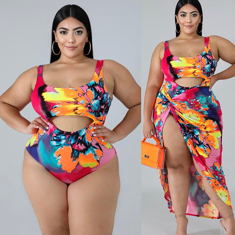 Multi-Color One-piece Skirt Print Swimsuit