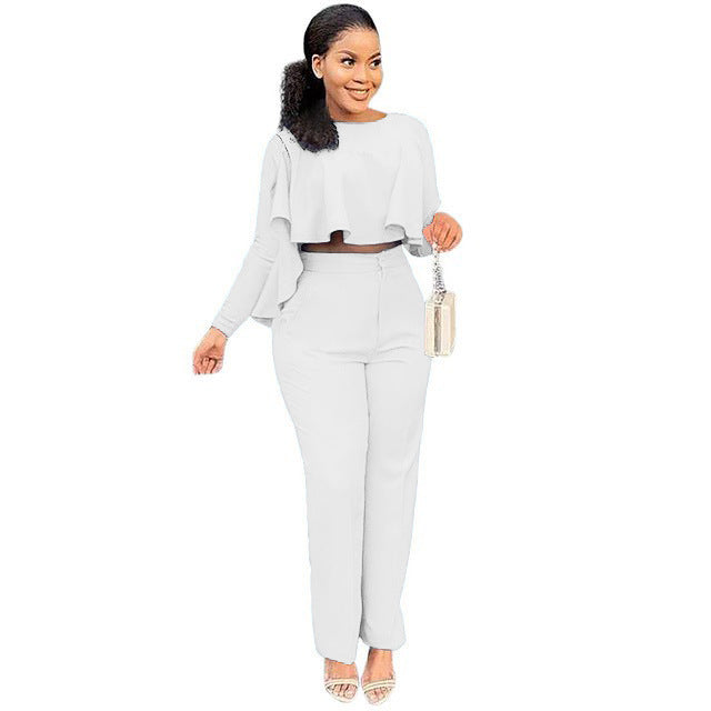 Solid Color Cutout Long Sleeve High Waist Wide Leg Two Piece Suit