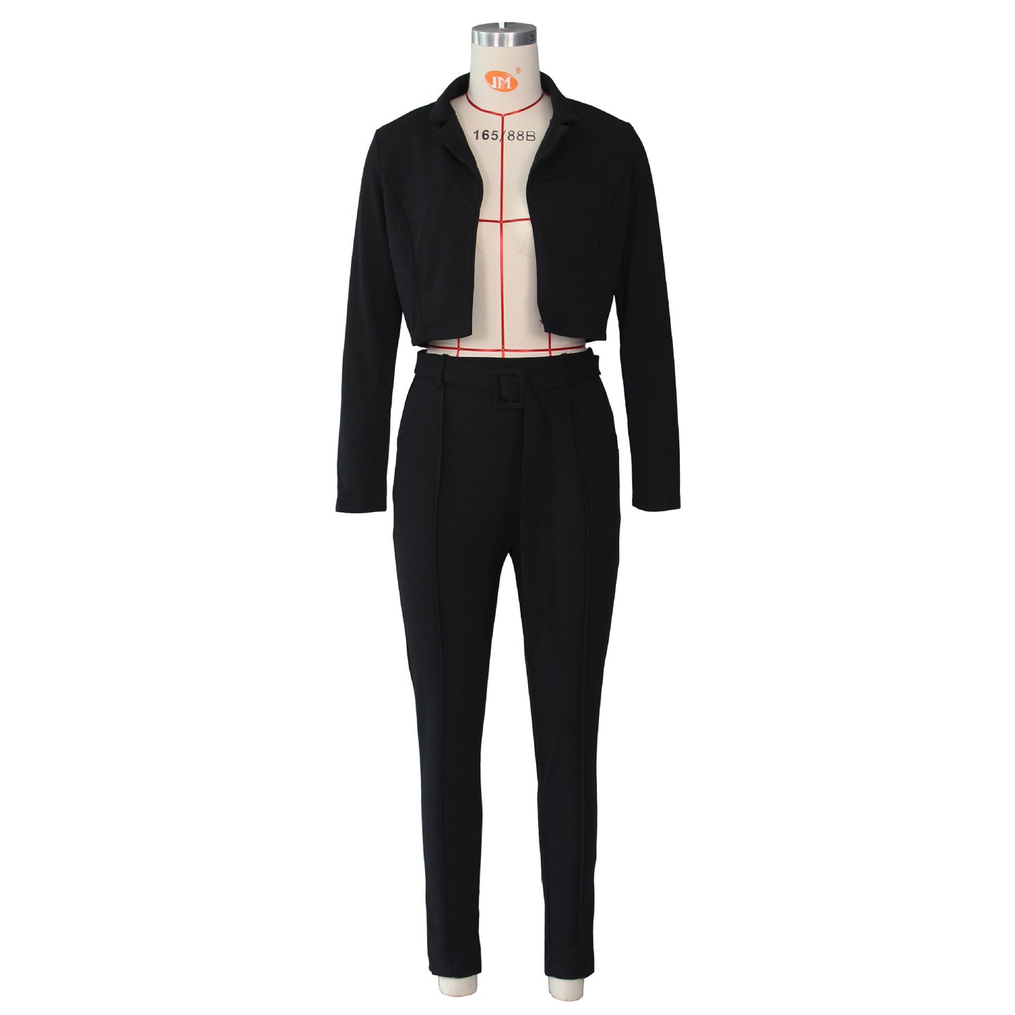 Solid Color Small Casual Suit 2 Piece Set With Belt