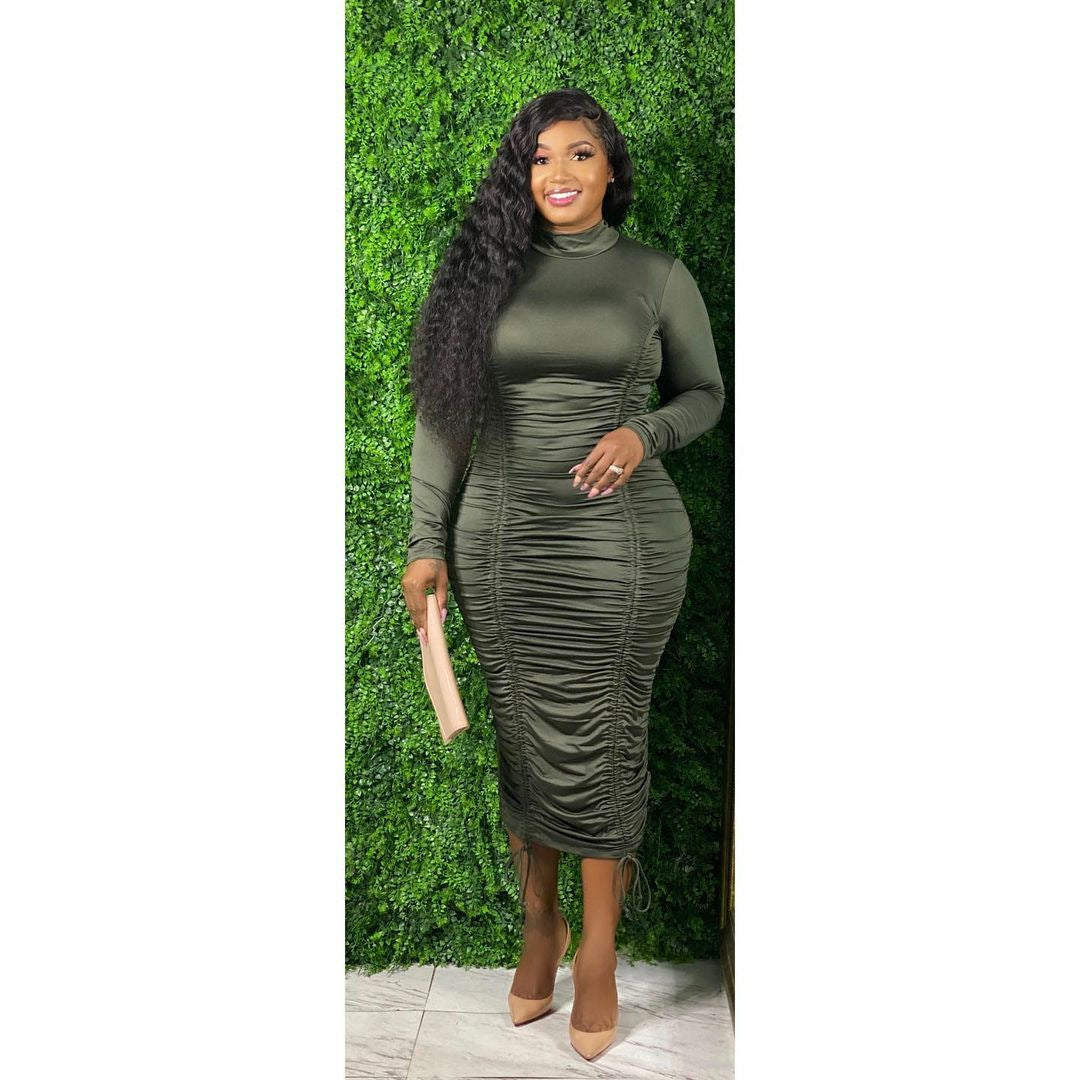 Drawstring High Neck Long Sleeve Dress