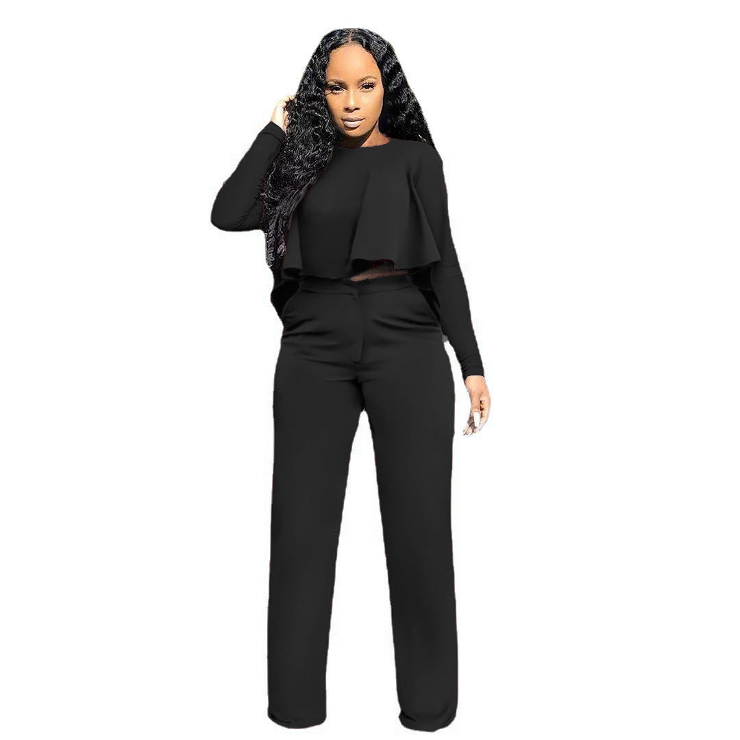 Solid Color Cutout Long Sleeve High Waist Wide Leg Two Piece Suit