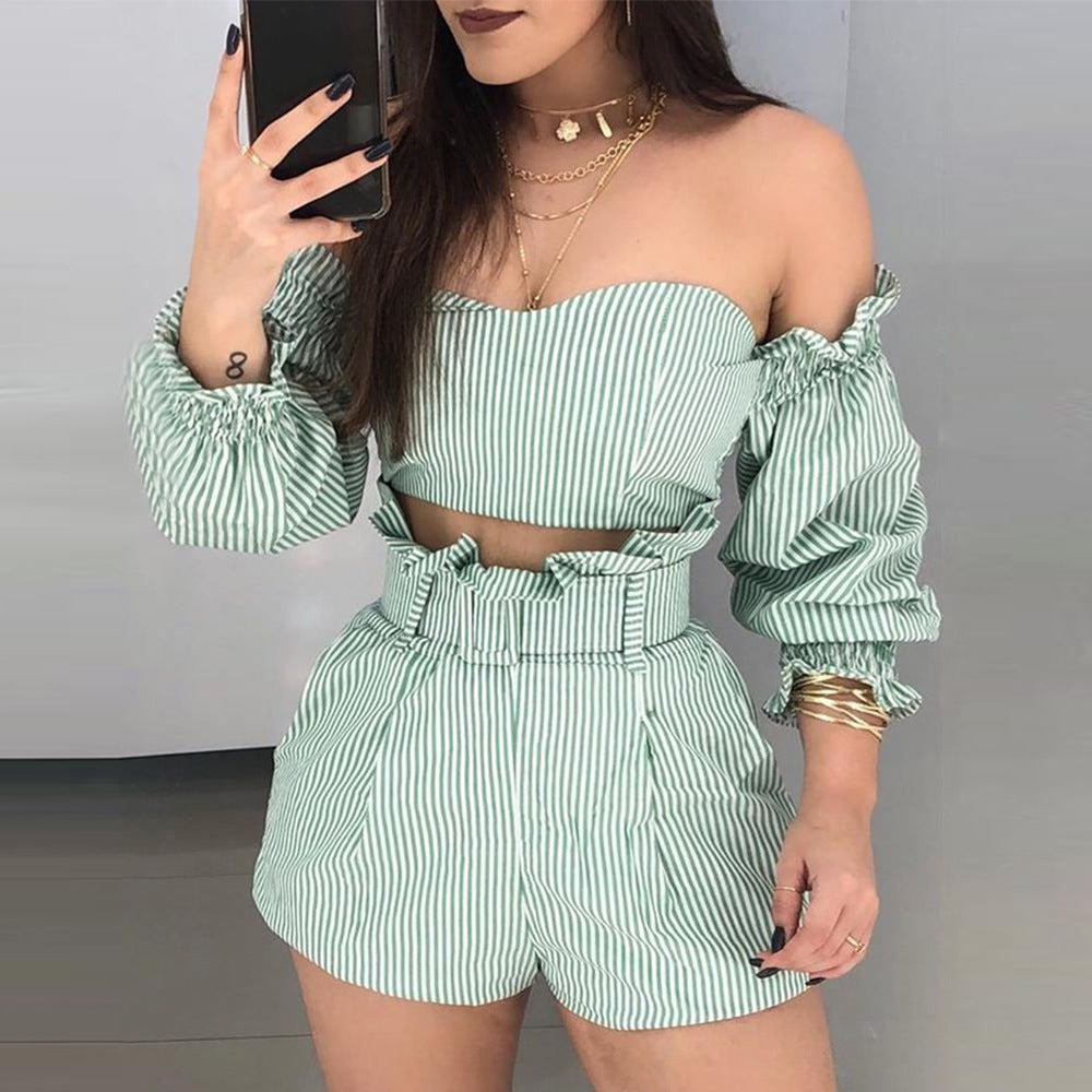 One-piece Shoulder Stripe Two-Piece Shorts Set