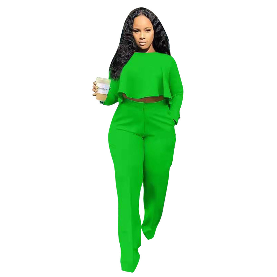 Solid Color Cutout Long Sleeve High Waist Wide Leg Two Piece Suit