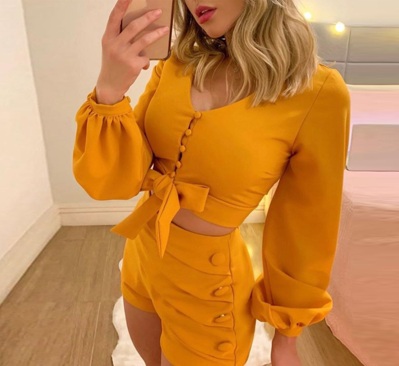 Lantern Sleeve Solid Color Short Set