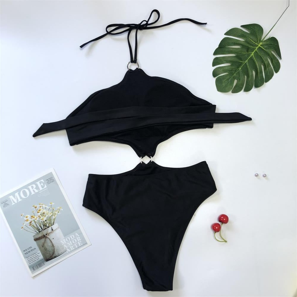 Solid Color Belt Loop Tie One Piece Swimsuit