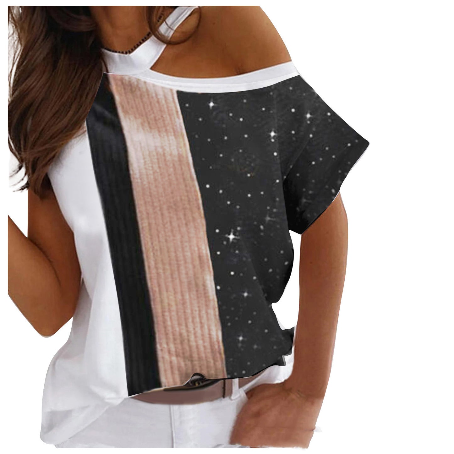Off-Shoulder Hanging Neck Short-Sleeved T-Shirt