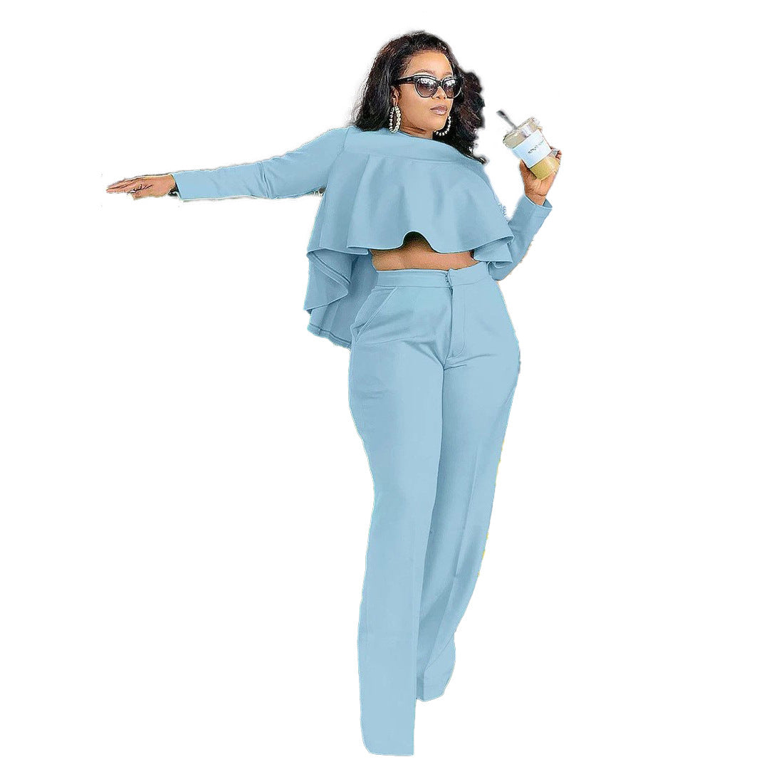 Solid Color Cutout Long Sleeve High Waist Wide Leg Two Piece Suit