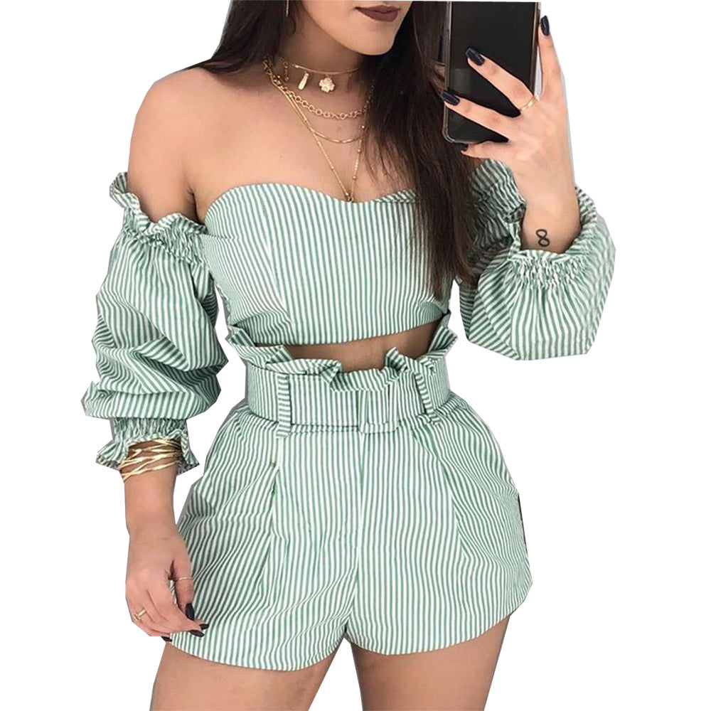 One-piece Shoulder Stripe Two-Piece Shorts Set