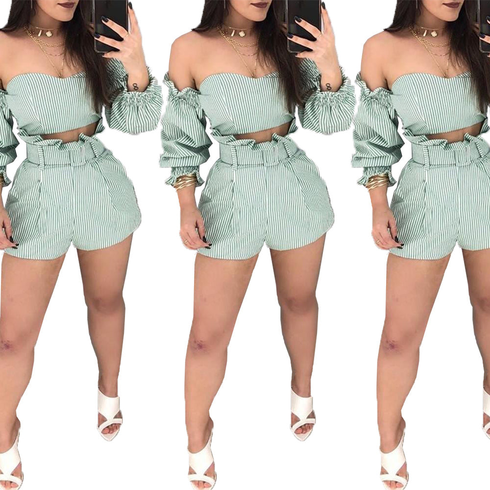 One-piece Shoulder Stripe Two-Piece Shorts Set