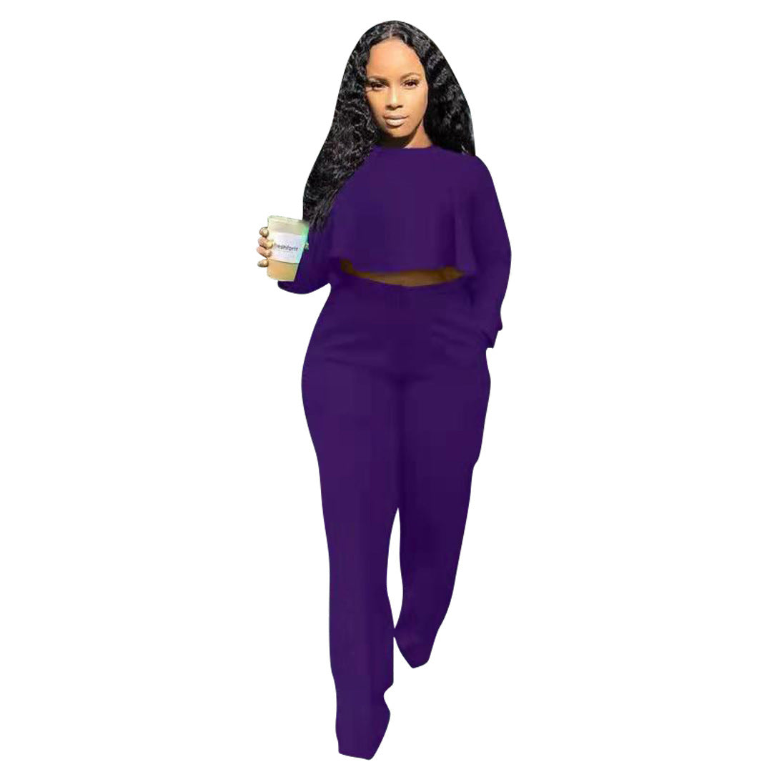 Solid Color Cutout Long Sleeve High Waist Wide Leg Two Piece Suit