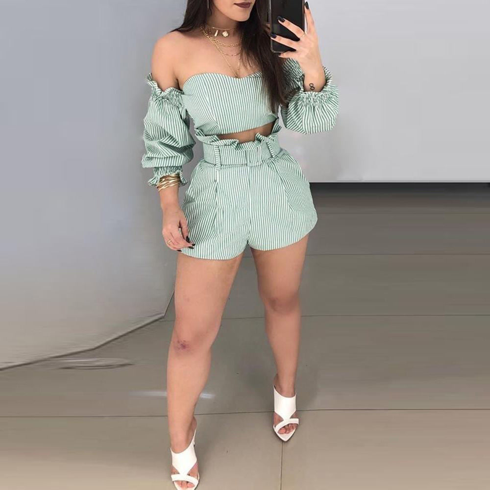 One-piece Shoulder Stripe Two-Piece Shorts Set