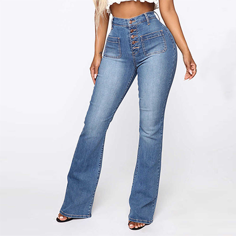Women Patch Pocket High Waist Denim Jeans