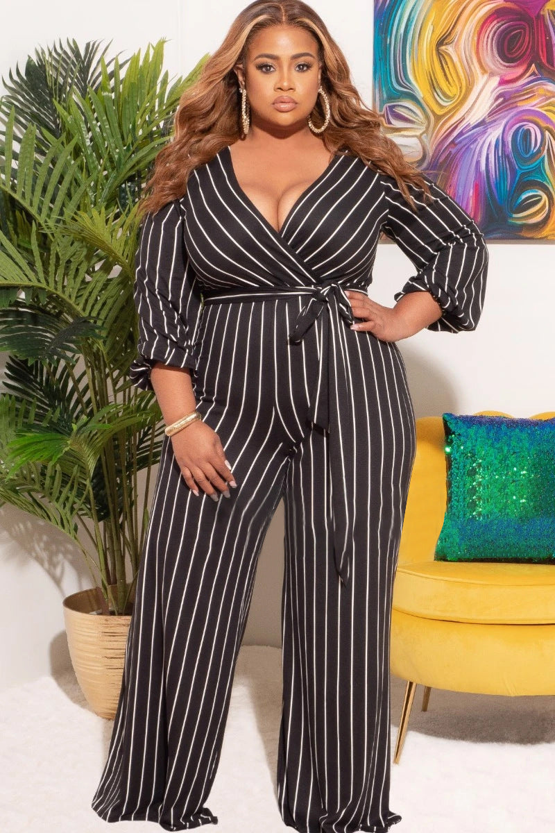 Placement Print Striped V-Neck Jumpsuit