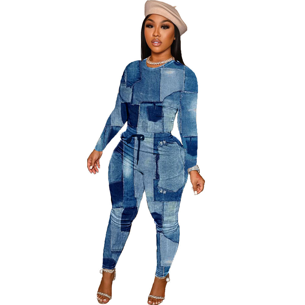 Denim Printing Multi Color Two-Piece Set