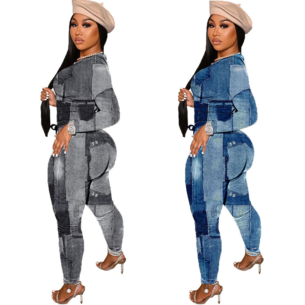 Denim Printing Multi Color Two-Piece Set