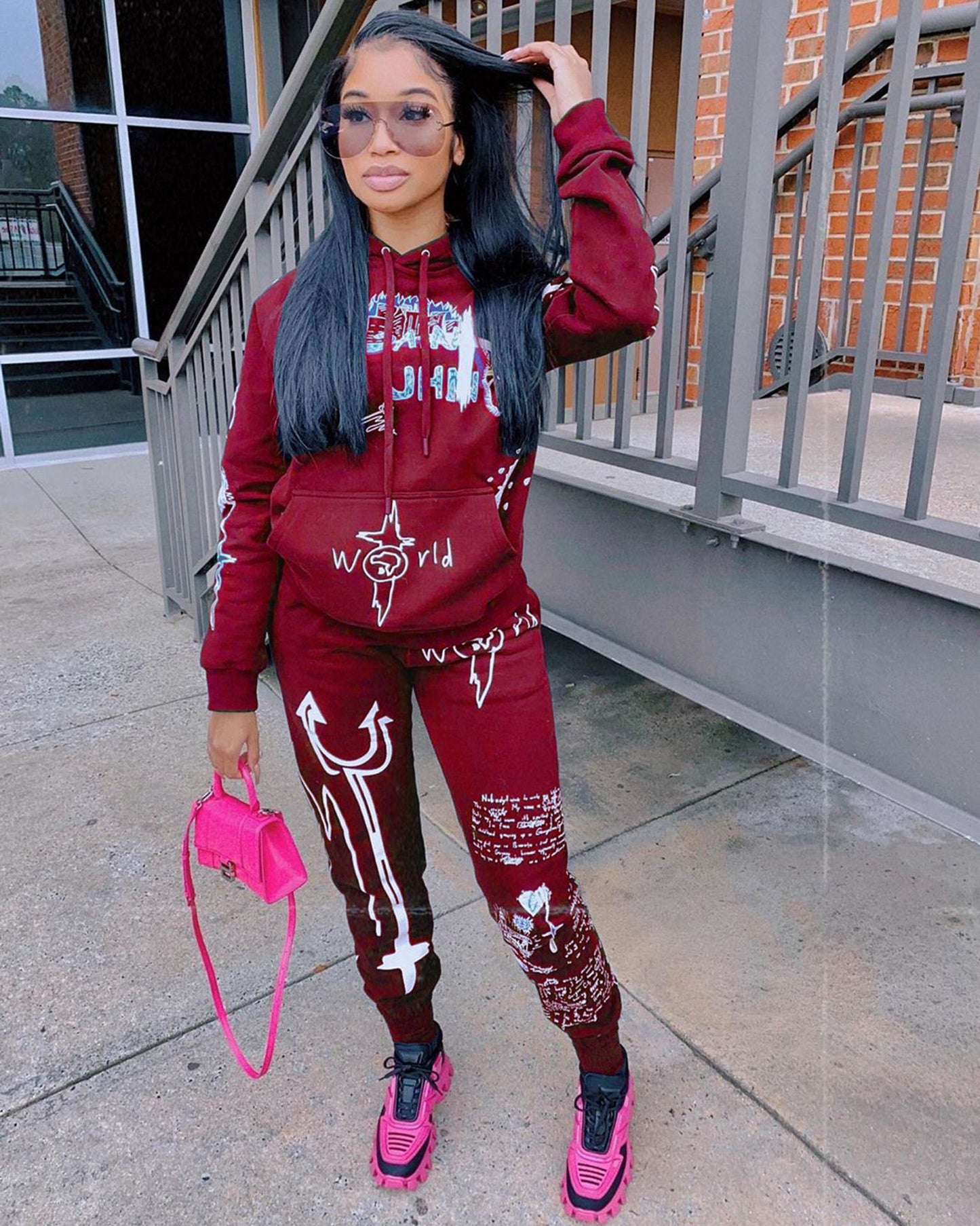 Two-piece Sweat Suit with Velvet letter Print