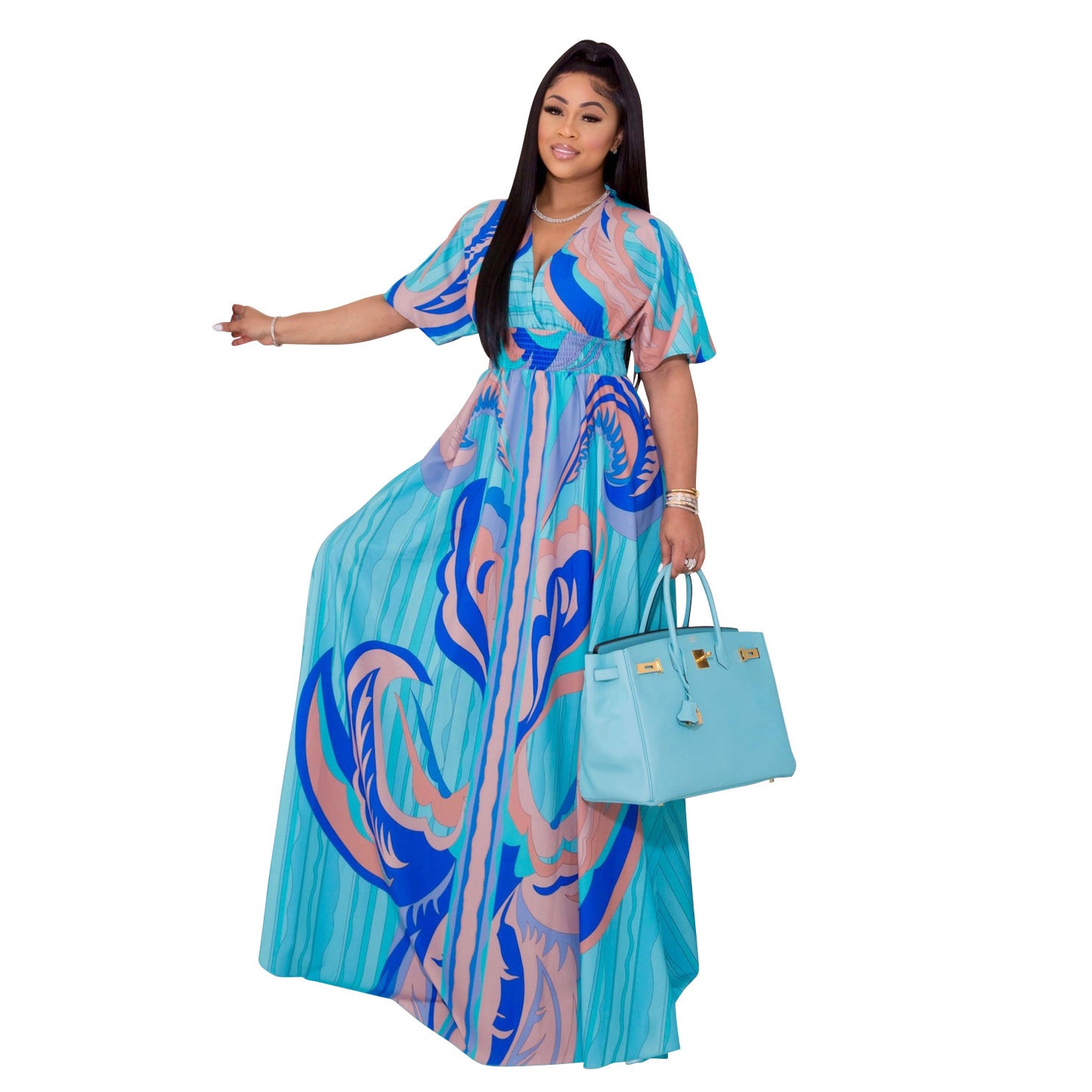 Printed Butterfly Sleeve Swing Side Slit Dress