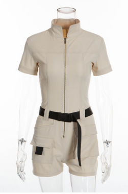 Solid Color Short Sleeve Front Zipper Jumpsuit