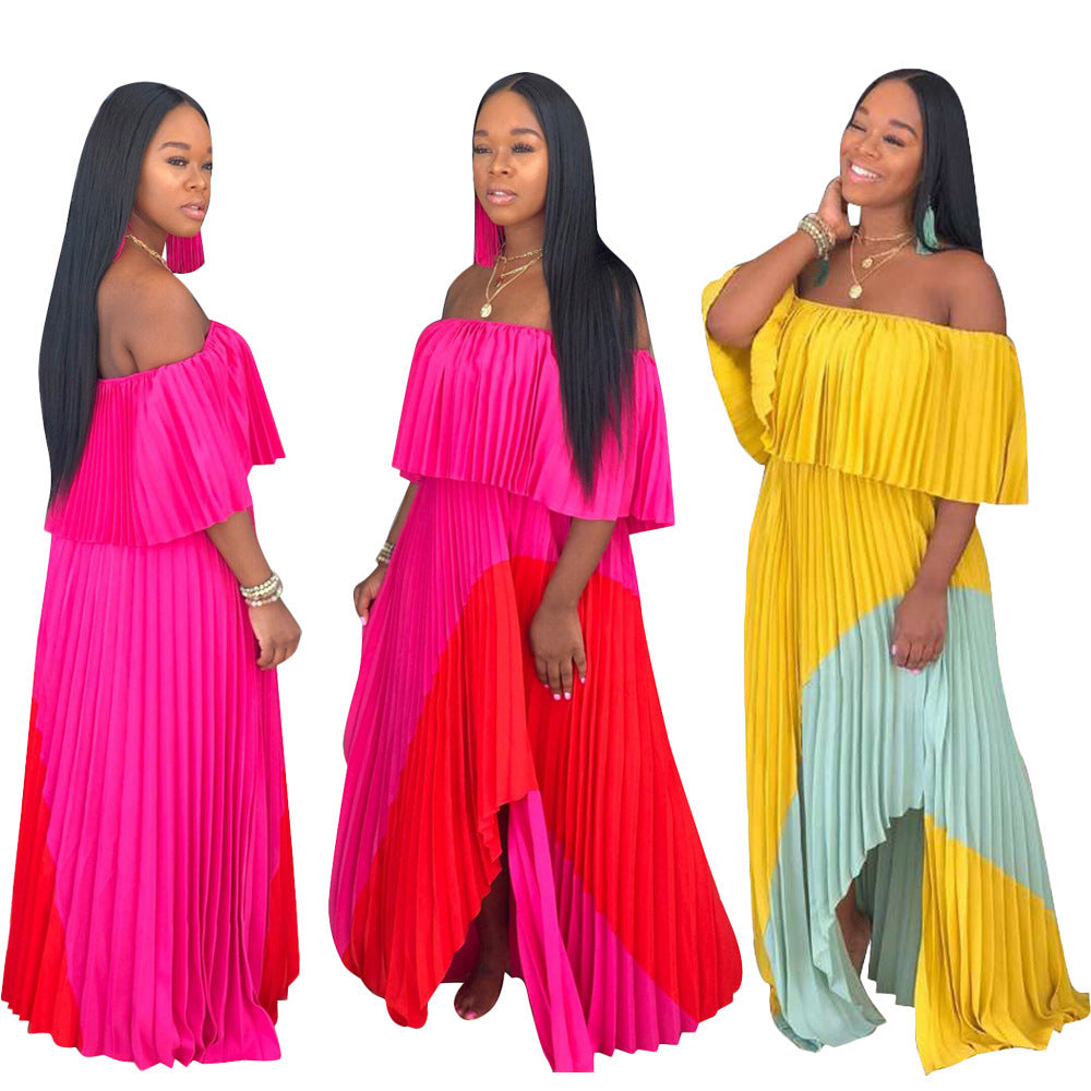 One-Shoulder Stitched Multi Color Maxi Dress