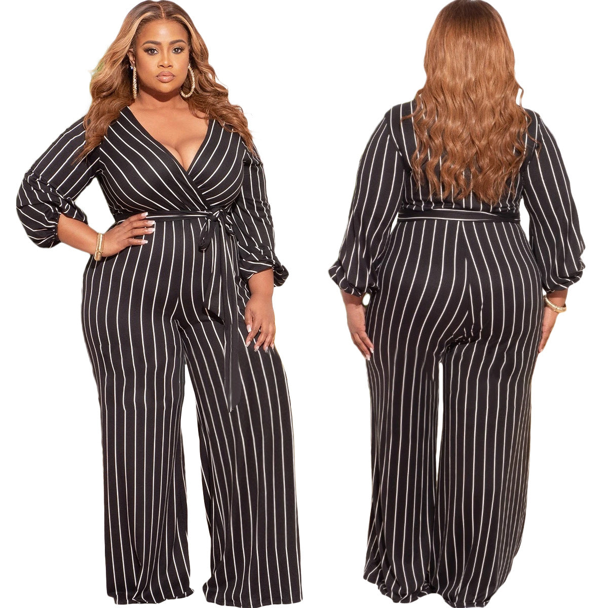 Placement Print Striped V-Neck Jumpsuit