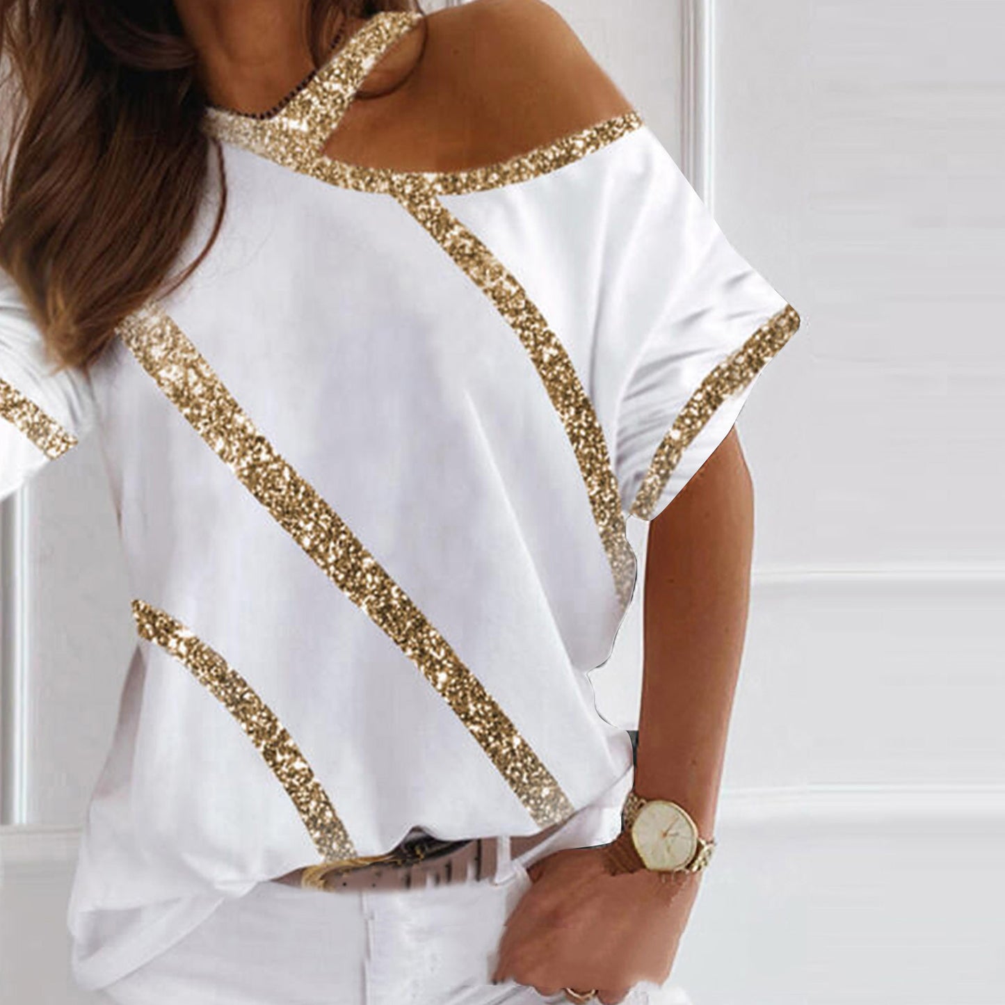 Off-Shoulder Hanging Neck Short-Sleeved T-Shirt