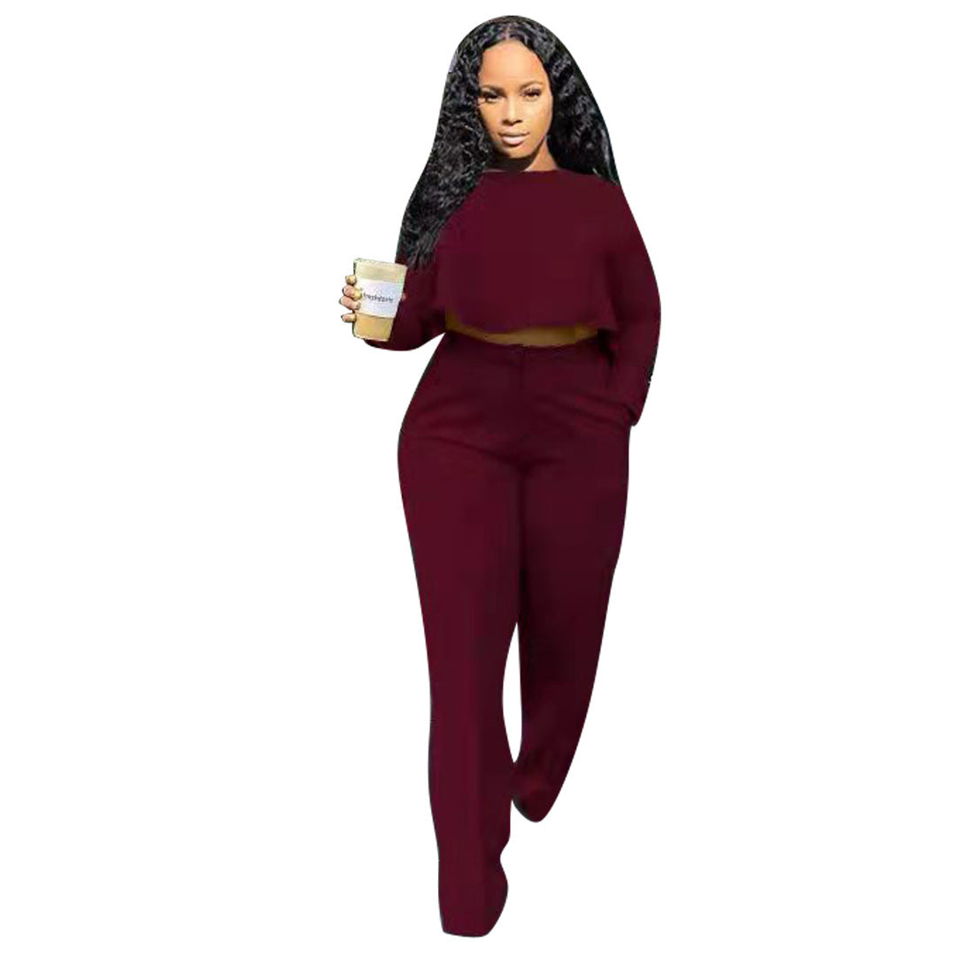 Solid Color Cutout Long Sleeve High Waist Wide Leg Two Piece Suit
