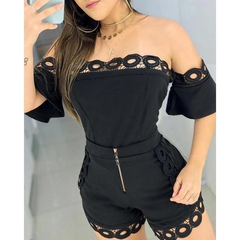 Off-the-Shoulder Lace Two-Piece Shorts Set