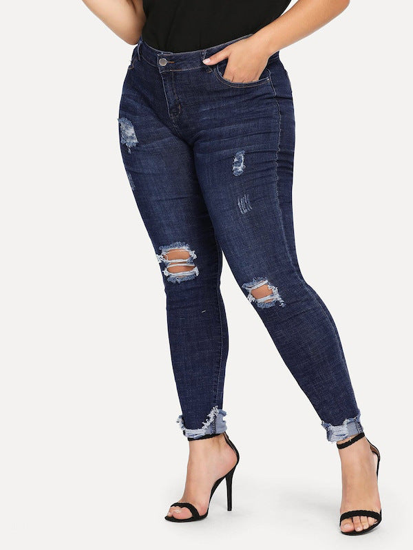 Shredded Leg Dark Blue Denim Jeans