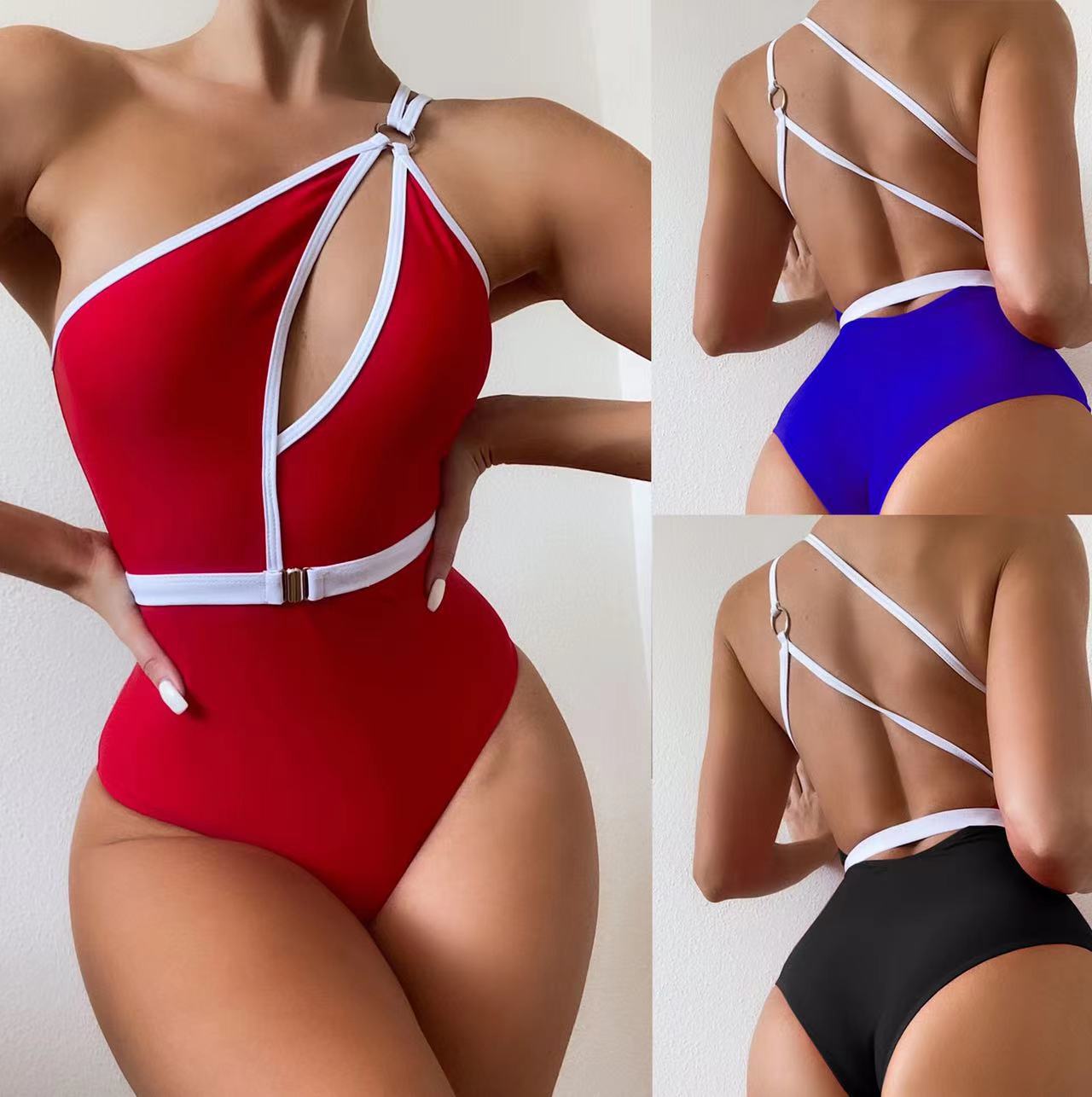 Ladies One Piece Solid Color Belt Swimsuit
