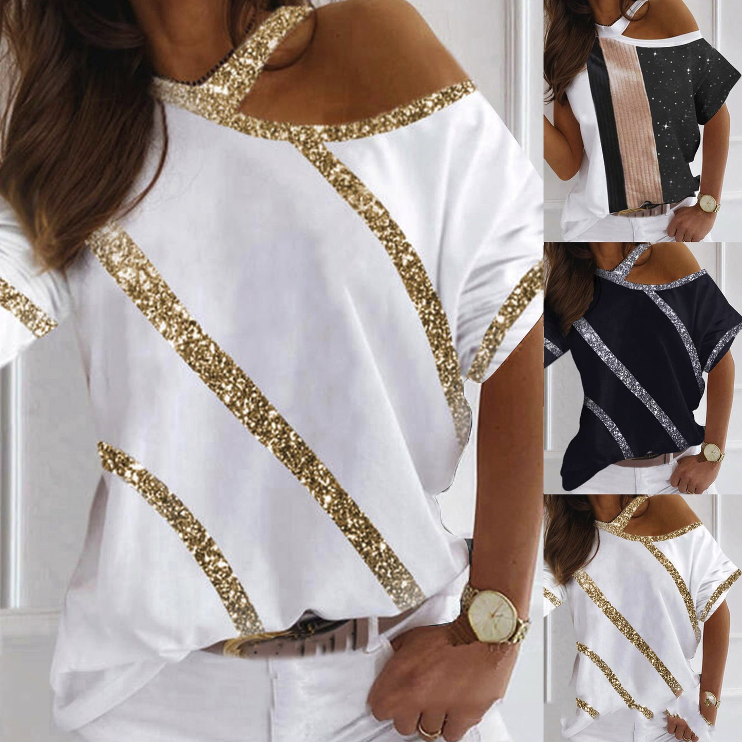 Off-Shoulder Hanging Neck Short-Sleeved T-Shirt