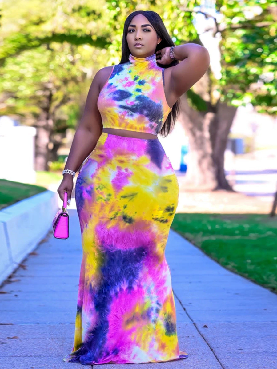 Tie Dye Multi Color Printed Top Skirt Two Piece Set