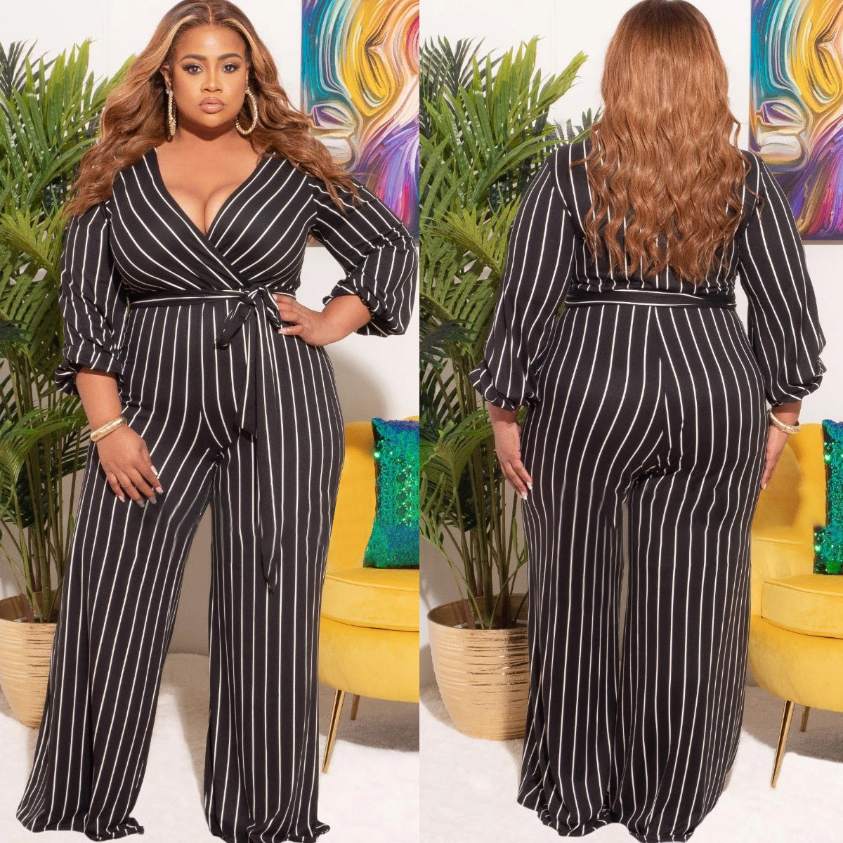 Placement Print Striped V-Neck Jumpsuit