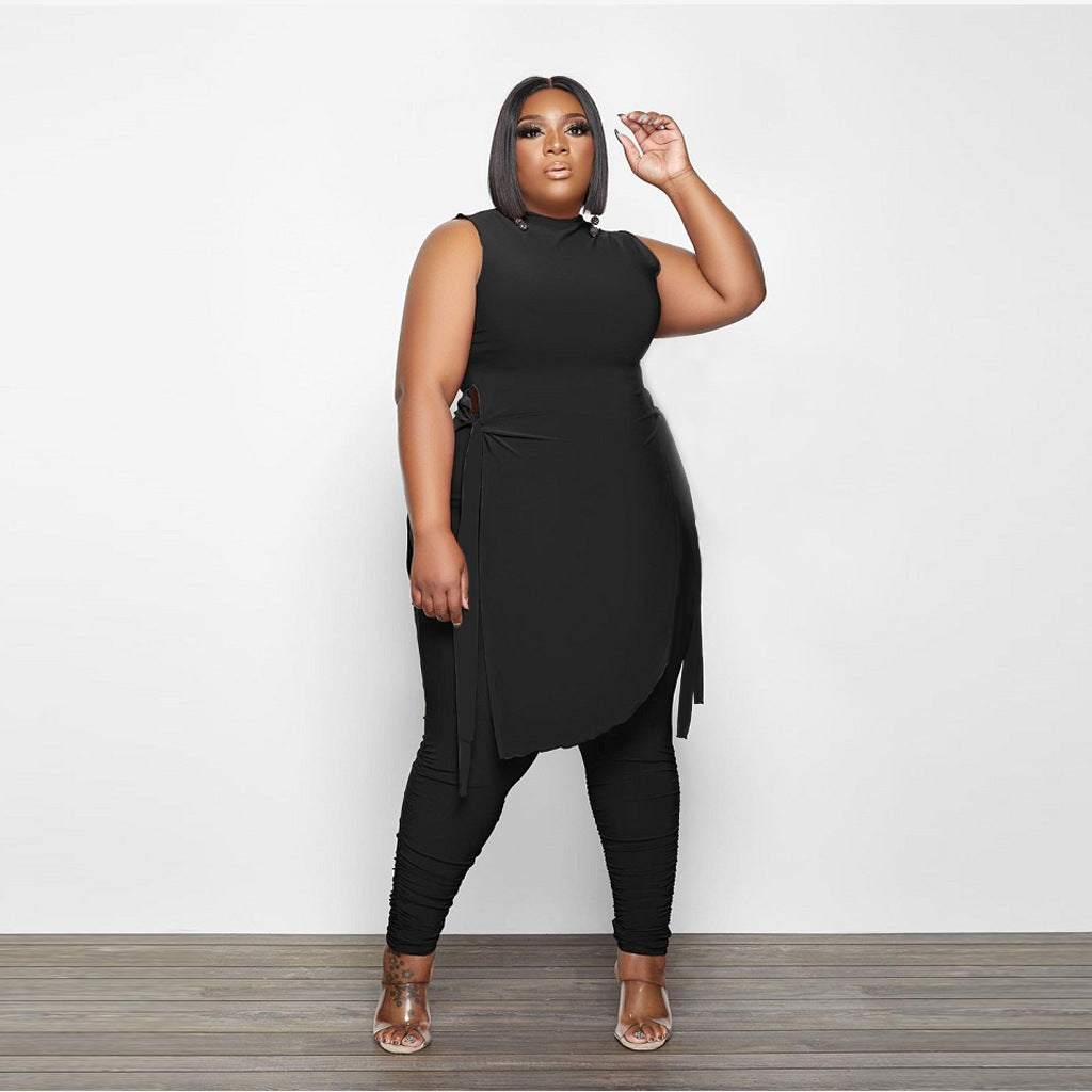 Solid Color Lace-Up Sleeveless Two-piece Suit