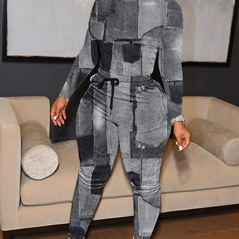 Denim Printing Multi Color Two-Piece Set