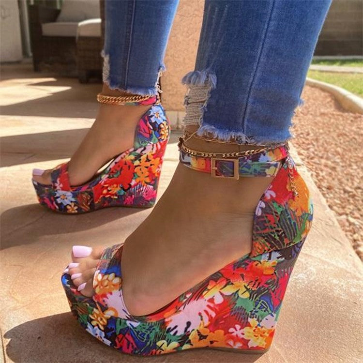 Multi Color Matching Floral Wedge Sandals
