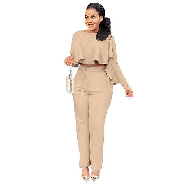 Solid Color Cutout Long Sleeve High Waist Wide Leg Two Piece Suit