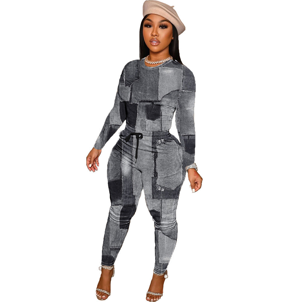 Denim Printing Multi Color Two-Piece Set
