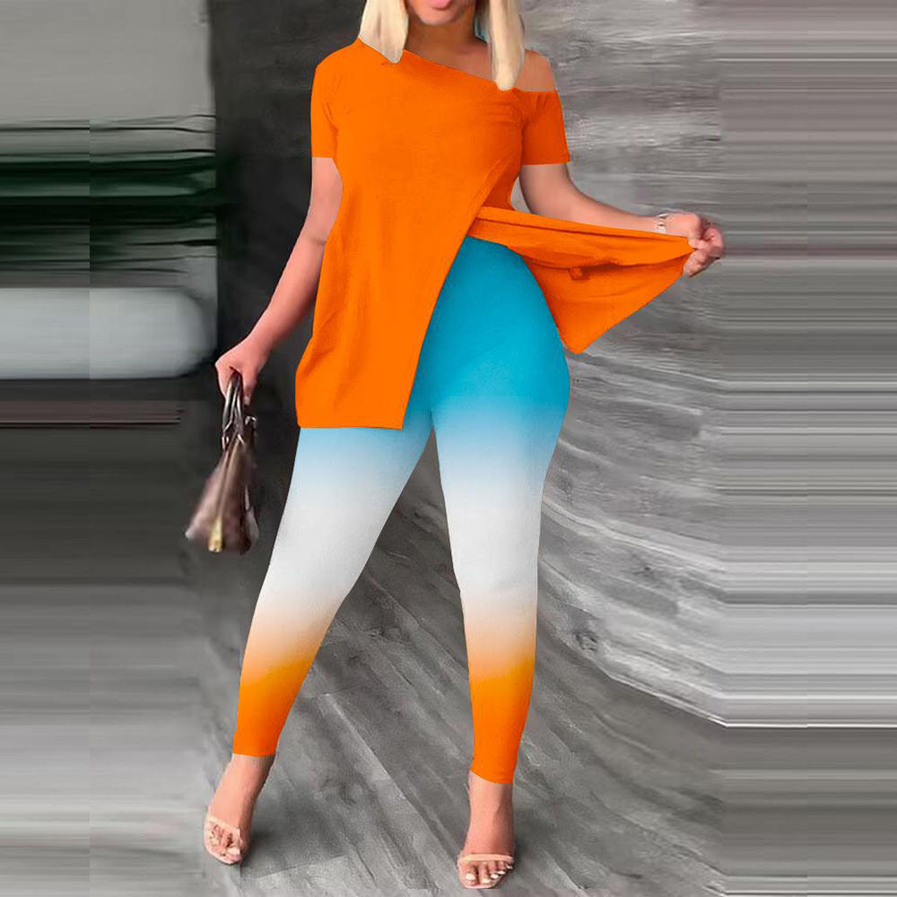 Split Print Short Sleeve Pants Set