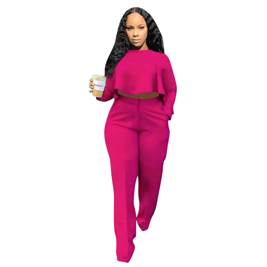 Solid Color Cutout Long Sleeve High Waist Wide Leg Two Piece Suit