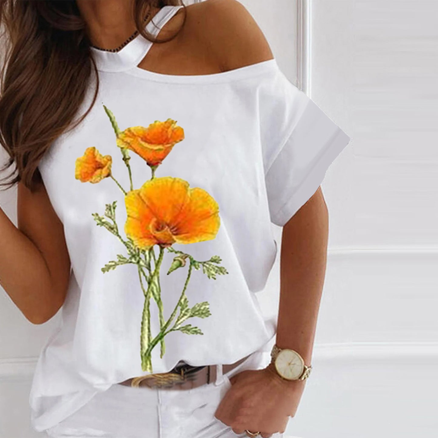 Off-Shoulder Hanging Neck Short-Sleeved T-Shirt