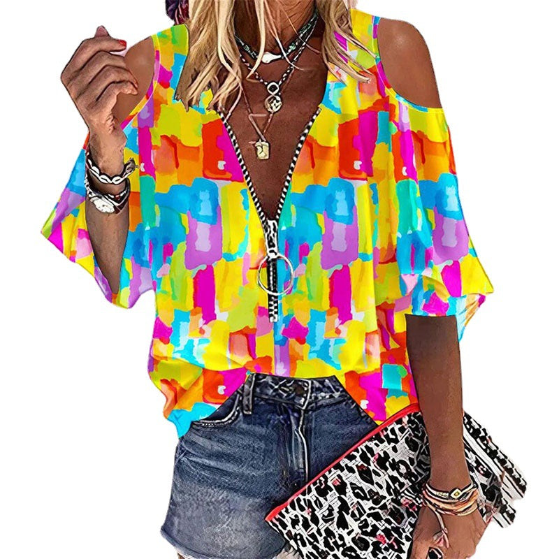 Summer Fashion Printed Zipper V-neck Half Sleeve Top